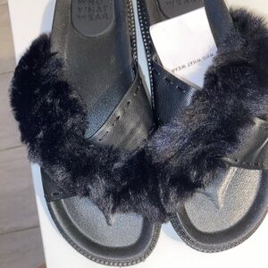 Who What Wear Black Faux Fur Slides